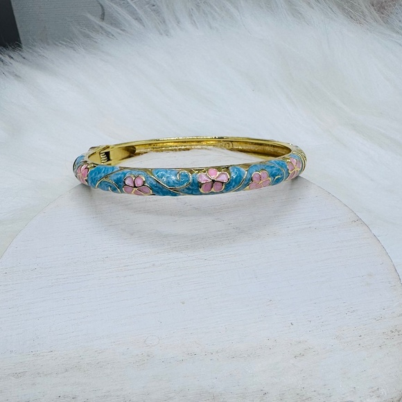 Cotton Candy Blue & Pink Flower Enamel Cloisonne Bracelet Bangle - Picture 1 of 7